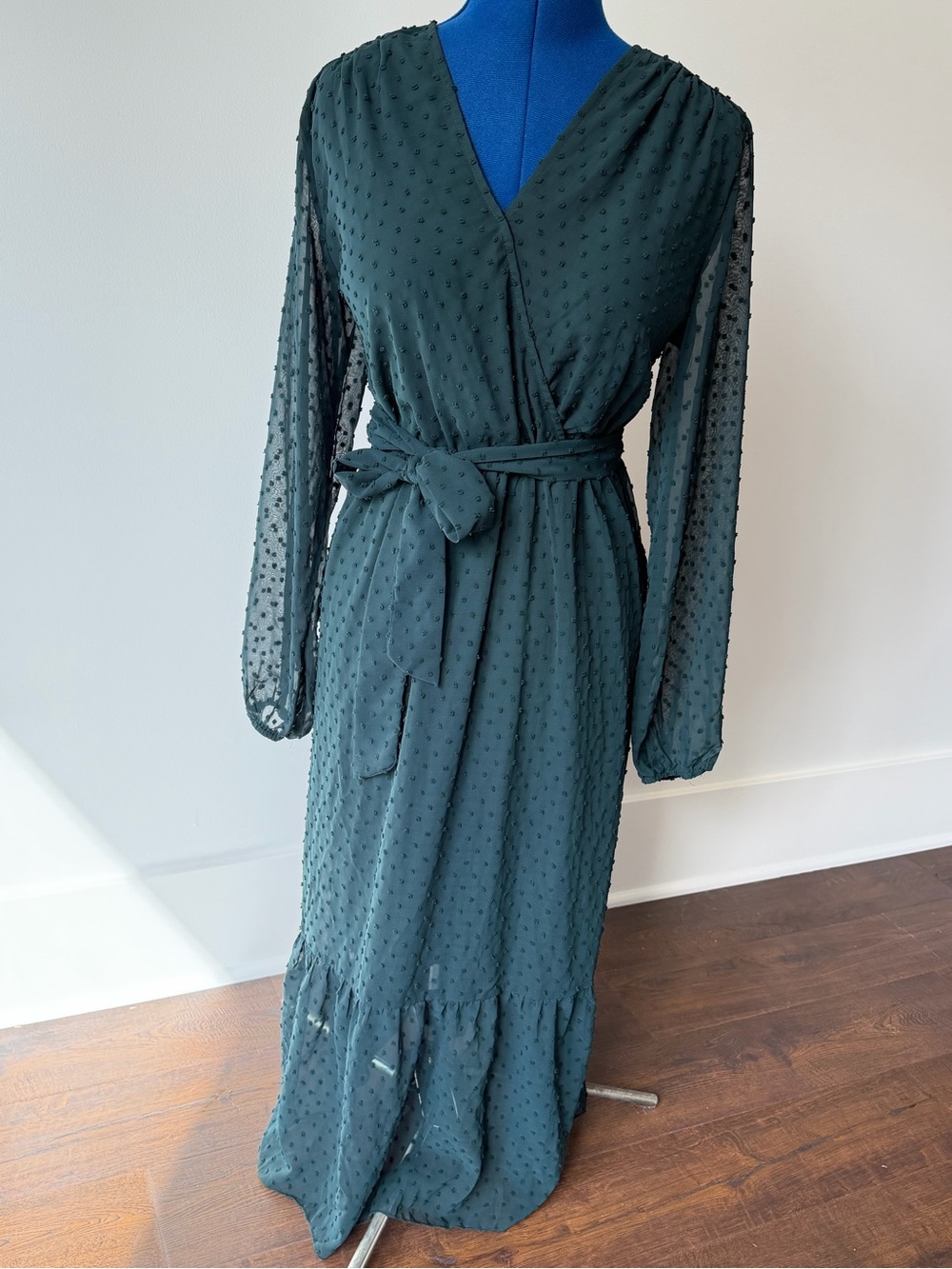 Textured Dot Faux Wrap Midi Dress in Deep Green